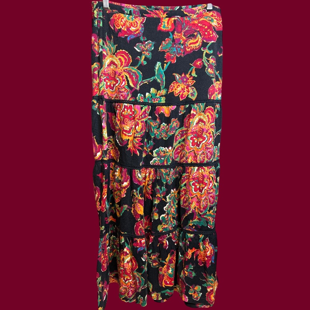 Lauren Ralph Lauren Skirt Women Medium Black Floral Tiered Maxi Boho Cotton